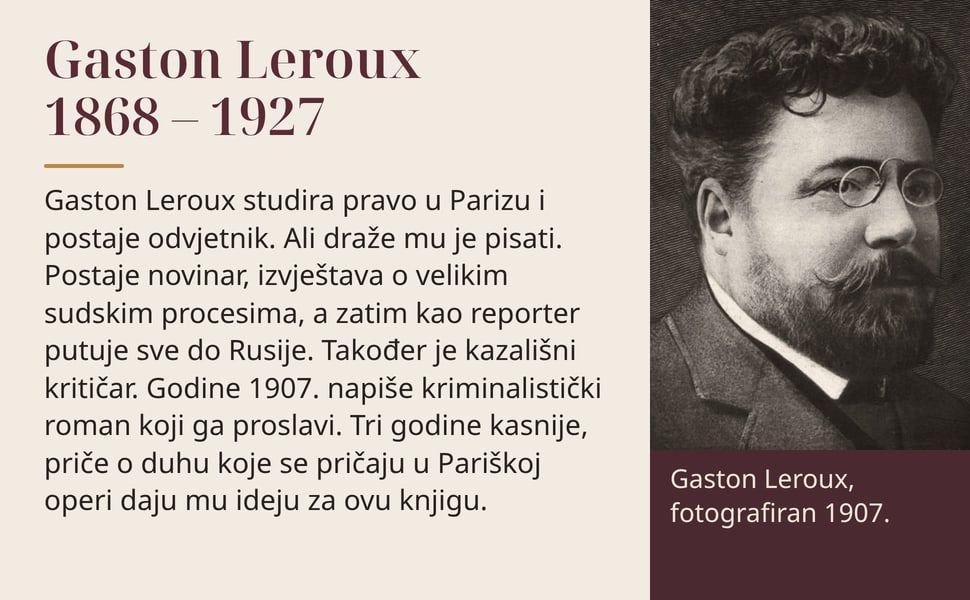 Gaston Leroux 1868 – 1927. Gaston Leroux studira pravo u Parizu i postaje odvjetnik. Ali draže mu je pisati. Postaje novinar, izvještava o velikim sudskim procesima, a zatim kao reporter putuje sve do Rusije. Također…