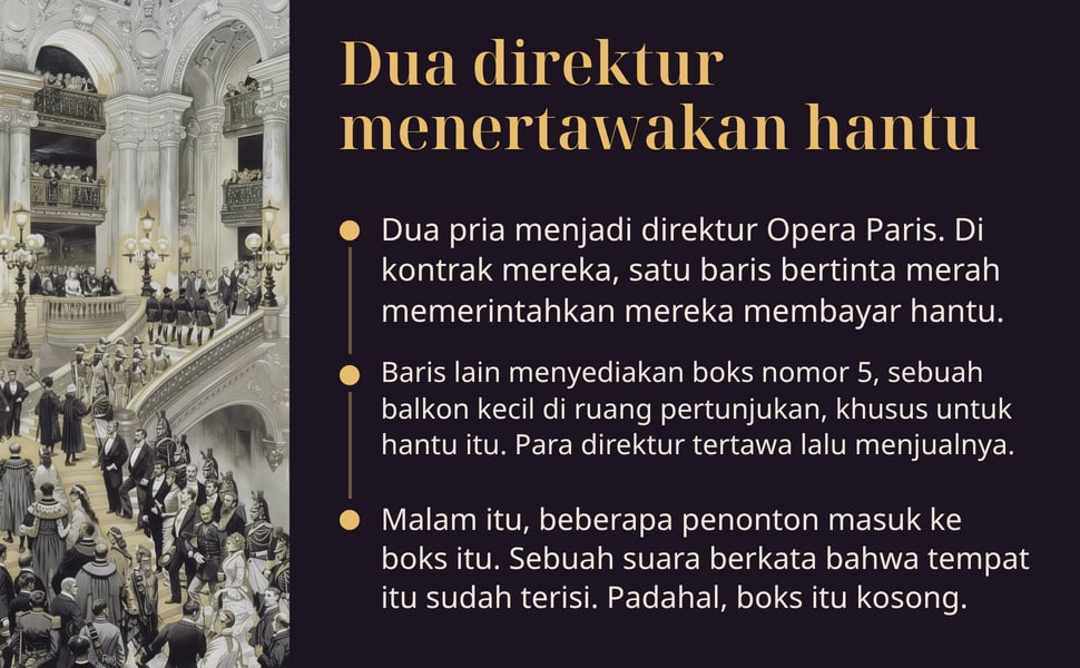 Dua direktur menertawakan hantu. Dua pria menjadi direktur Opera Paris. Di kontrak mereka, satu baris bertinta merah memerintahkan mereka membayar hantu.
