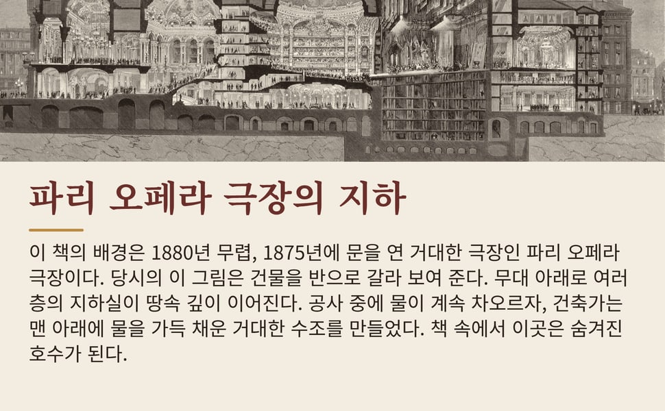 파리 오페라 극장의 지하. 이 책의 배경은 1880년 무렵, 1875년에 문을 연 거대한 극장인 파리 오페라 극장이다. 당시의 이 그림은 건물을 반으로 갈라 보여 준다. 무대 아래로 여러 층의 지하실이 땅속 깊이 이어진다. 공사 중에 물이 계속 차오르자, 건축가는 맨 아래에 물을 가득 채운 거대한 수조를 만들었다. 책 속에서 이곳은 숨겨진 호수가 된다.