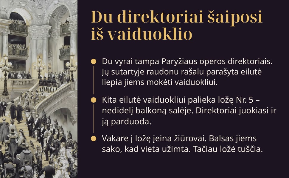 Du direktoriai šaiposi iš vaiduoklio. Du vyrai tampa Paryžiaus operos direktoriais. Jų sutartyje raudonu rašalu parašyta eilutė liepia jiems mokėti vaiduokliui.