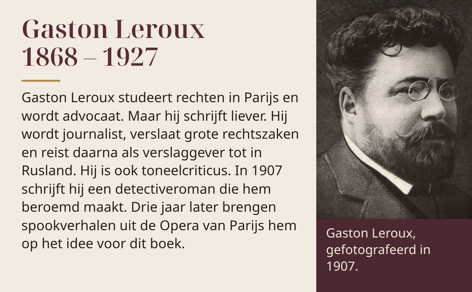 Gaston Leroux 1868 – 1927. Gaston Leroux studeert rechten in Parijs en wordt advocaat. Maar hij schrijft liever. Hij wordt journalist, verslaat grote rechtszaken en reist daarna als verslaggever tot in Rusland. Hij is…