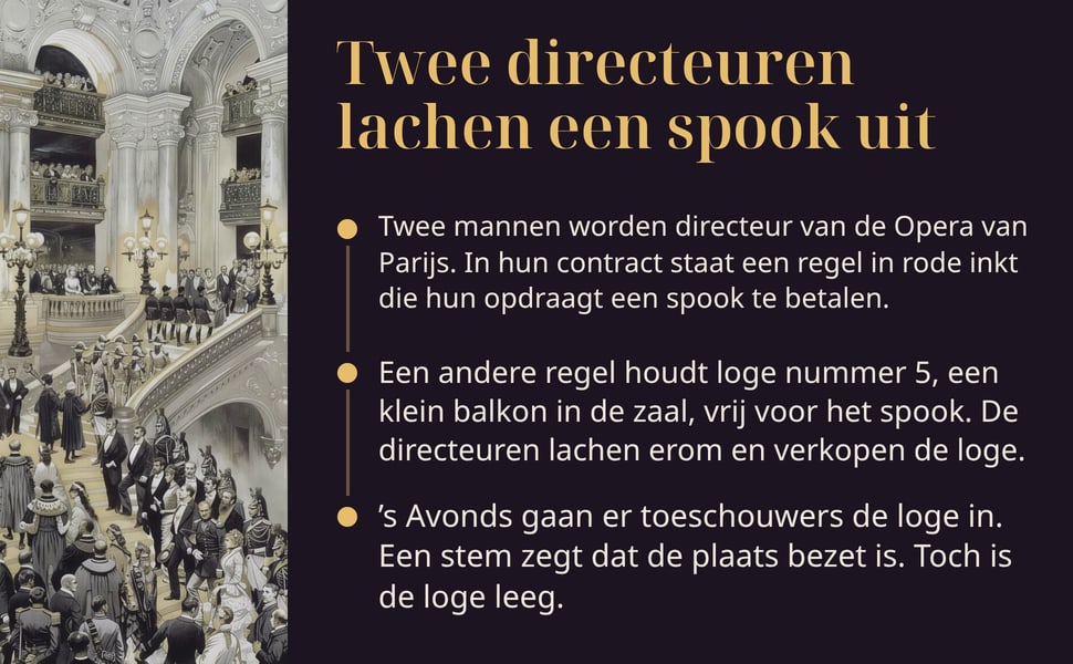 Twee directeuren lachen een spook uit. Twee mannen worden directeur van de Opera van Parijs. In hun contract staat een regel in rode inkt die hun opdraagt een spook te betalen.
