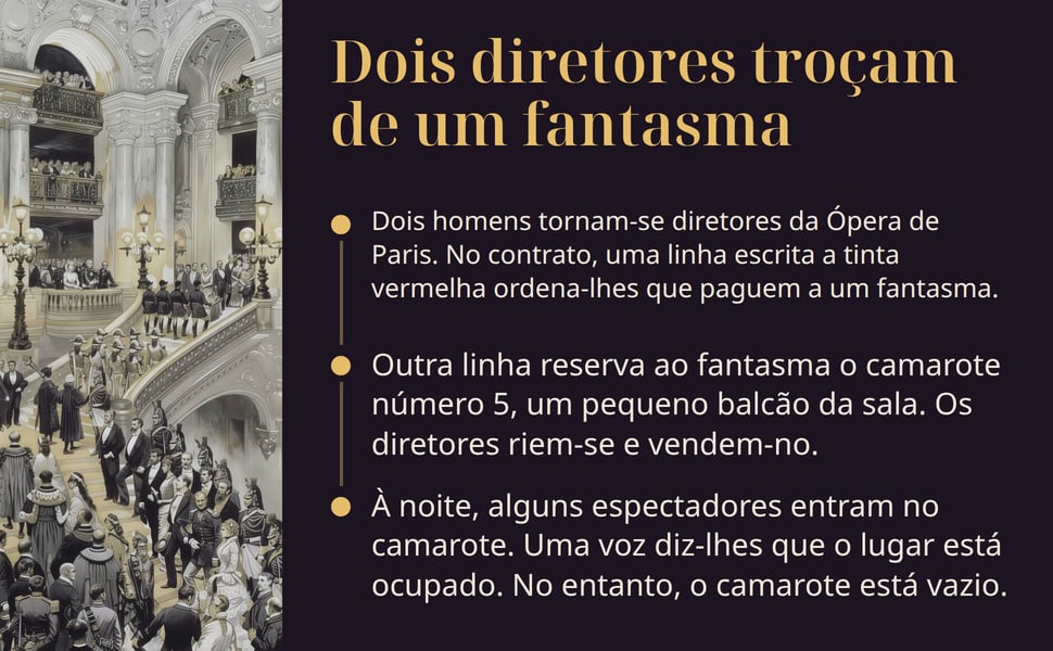 Dois diretores troçam de um fantasma. Dois homens tornam-se diretores da Ópera de Paris. No contrato, uma linha escrita a tinta vermelha ordena-lhes que paguem a um fantasma.