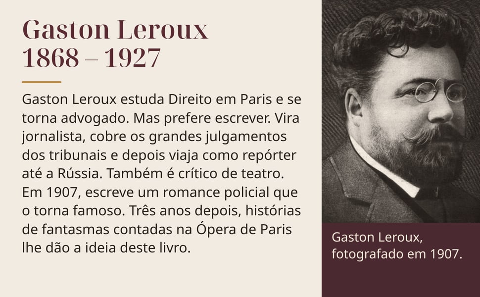 Gaston Leroux 1868 – 1927. Gaston Leroux estuda Direito em Paris e se torna advogado. Mas prefere escrever. Vira jornalista, cobre os grandes julgamentos dos tribunais e depois viaja como repórter até a Rússia. Também…