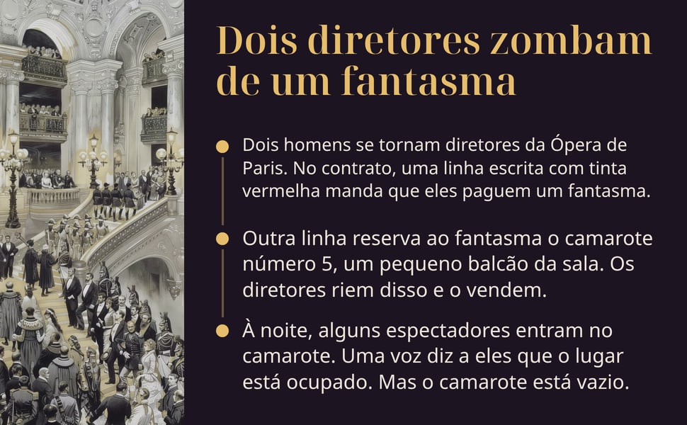 Dois diretores zombam de um fantasma. Dois homens se tornam diretores da Ópera de Paris. No contrato, uma linha escrita com tinta vermelha manda que eles paguem um fantasma.