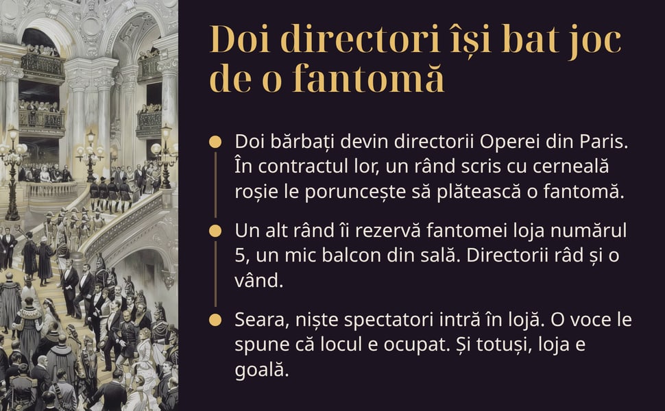 Doi directori își bat joc de o fantomă. Doi bărbați devin directorii Operei din Paris. În contractul lor, un rând scris cu cerneală roșie le poruncește să plătească o fantomă.