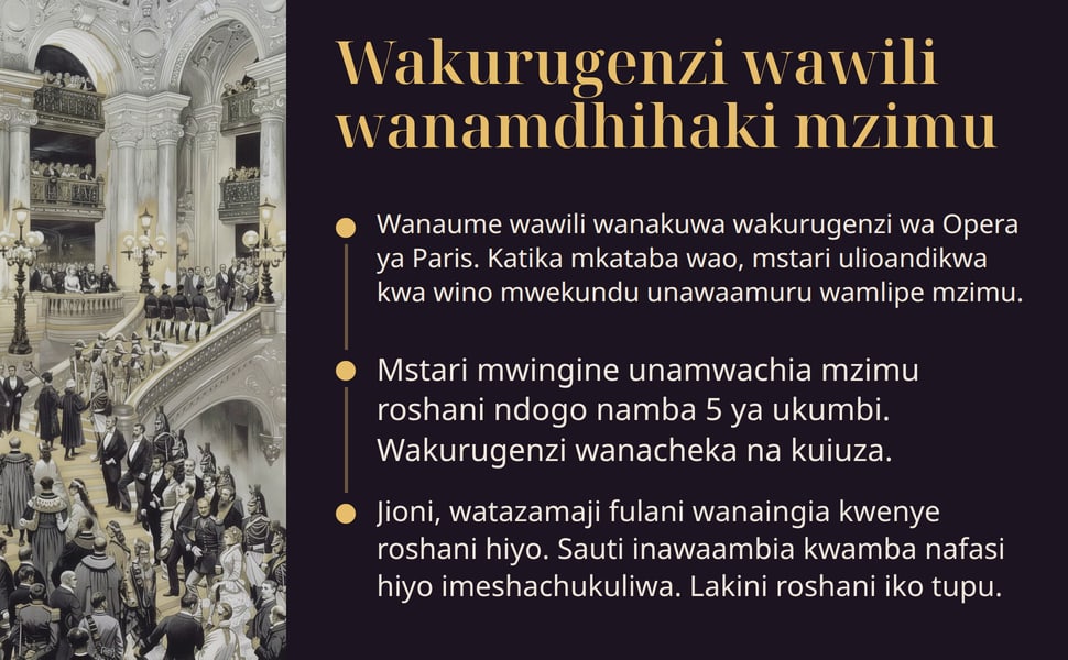 Wakurugenzi wawili wanamdhihaki mzimu. Wanaume wawili wanakuwa wakurugenzi wa Opera ya Paris. Katika mkataba wao, mstari ulioandikwa kwa wino mwekundu unawaamuru wamlipe mzimu.