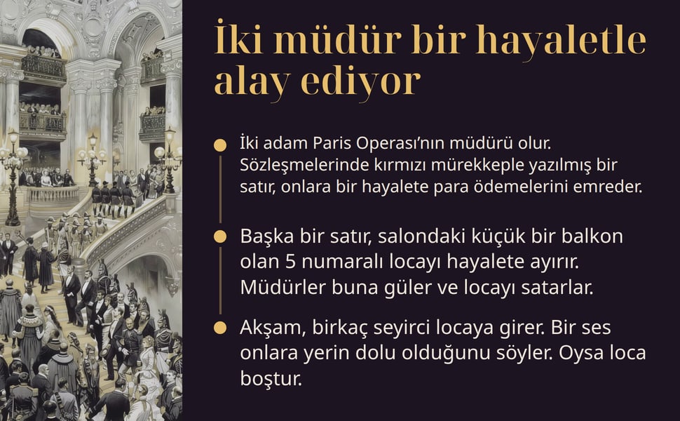 İki müdür bir hayaletle alay ediyor. İki adam Paris Operası’nın müdürü olur. Sözleşmelerinde kırmızı mürekkeple yazılmış bir satır, onlara bir hayalete para ödemelerini emreder.