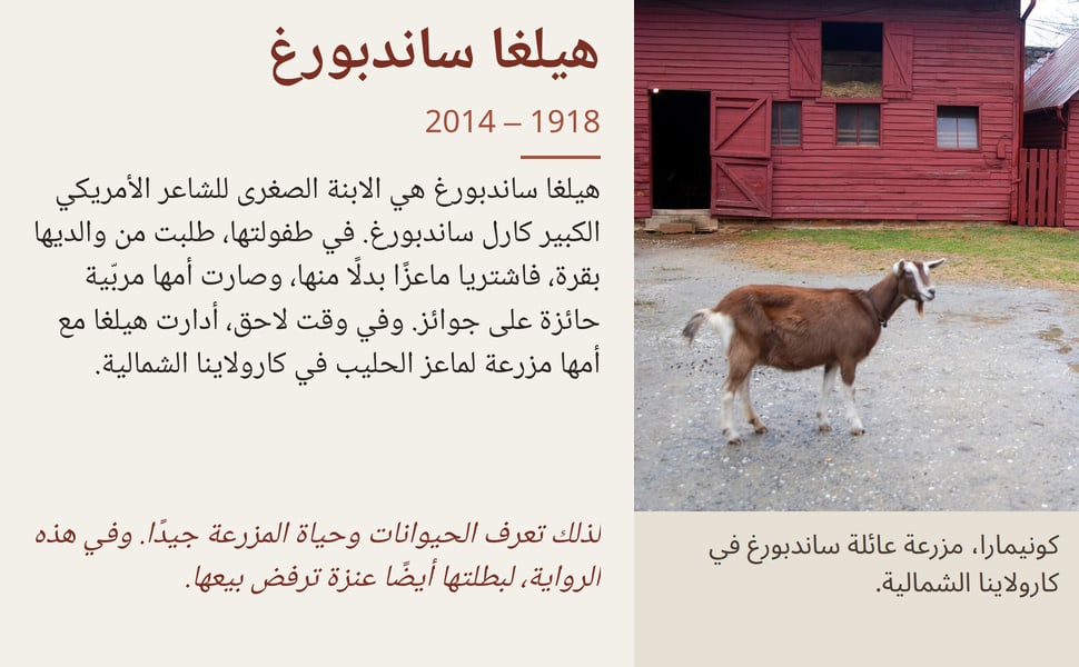هيلغا ساندبورغ. هيلغا ساندبورغ هي الابنة الصغرى للشاعر الأمريكي الكبير كارل ساندبورغ. في طفولتها، طلبت من والديها بقرة، فاشتريا ماعزًا بدلًا منها، وصارت أمها مربّية حائزة على جوائز. وفي وقت لاحق، أدارت هيلغا مع أمها…