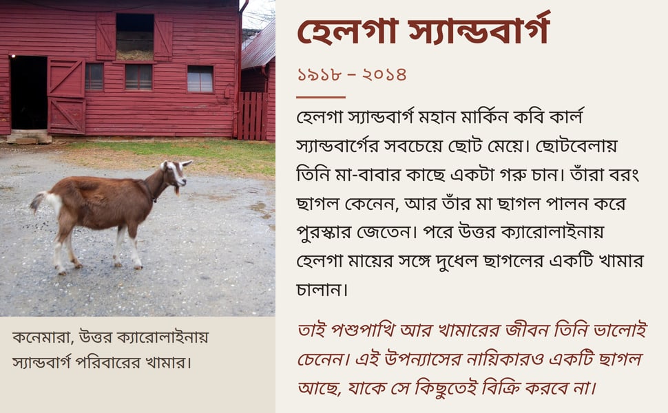 হেলগা স্যান্ডবার্গ. হেলগা স্যান্ডবার্গ মহান মার্কিন কবি কার্ল স্যান্ডবার্গের সবচেয়ে ছোট মেয়ে। ছোটবেলায় তিনি মা-বাবার কাছে একটা গরু চান। তাঁরা বরং ছাগল কেনেন, আর তাঁর মা ছাগল পালন করে পুরস্কার জেতেন। পরে উত্তর…
