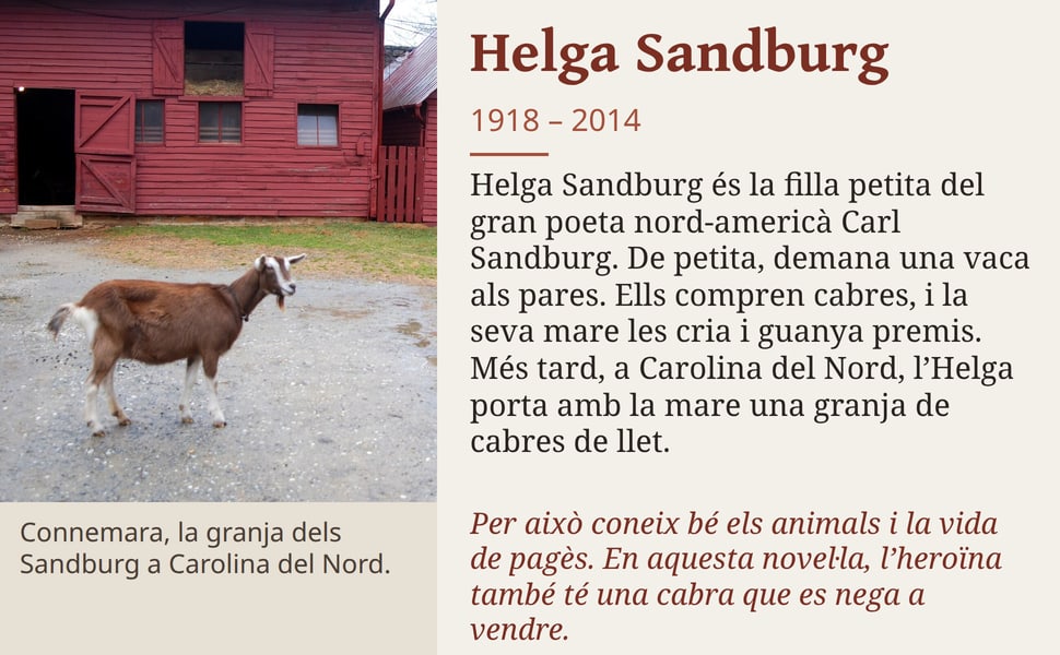 Helga Sandburg. Helga Sandburg és la filla petita del gran poeta nord-americà Carl Sandburg. De petita, demana una vaca als pares. Ells compren cabres, i la seva mare les cria i guanya premis. Més tard, a Carolina del…