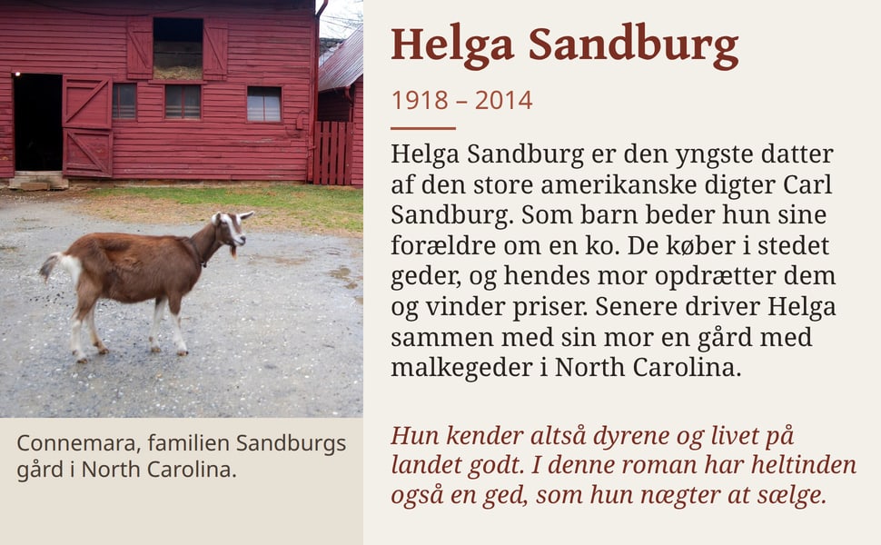 Helga Sandburg. Helga Sandburg er den yngste datter af den store amerikanske digter Carl Sandburg. Som barn beder hun sine forældre om en ko. De køber i stedet geder, og hendes mor opdrætter dem og vinder priser.…