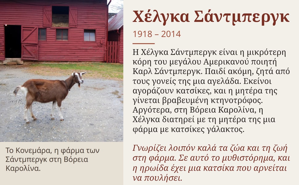 Χέλγκα Σάντμπεργκ. Η Χέλγκα Σάντμπεργκ είναι η μικρότερη κόρη του μεγάλου Αμερικανού ποιητή Καρλ Σάντμπεργκ. Παιδί ακόμη, ζητά από τους γονείς της μια αγελάδα. Εκείνοι αγοράζουν κατσίκες, και η μητέρα της γίνεται…