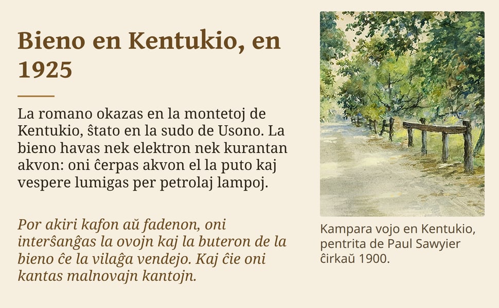 Bieno en Kentukio, en 1925. La romano okazas en la montetoj de Kentukio, ŝtato en la sudo de Usono. La bieno havas nek elektron nek kurantan akvon: oni ĉerpas akvon el la puto kaj vespere lumigas per petrolaj lampoj.