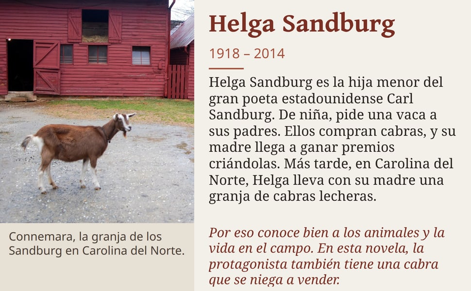 Helga Sandburg. Helga Sandburg es la hija menor del gran poeta estadounidense Carl Sandburg. De niña, pide una vaca a sus padres. Ellos compran cabras, y su madre llega a ganar premios criándolas. Más tarde, en…