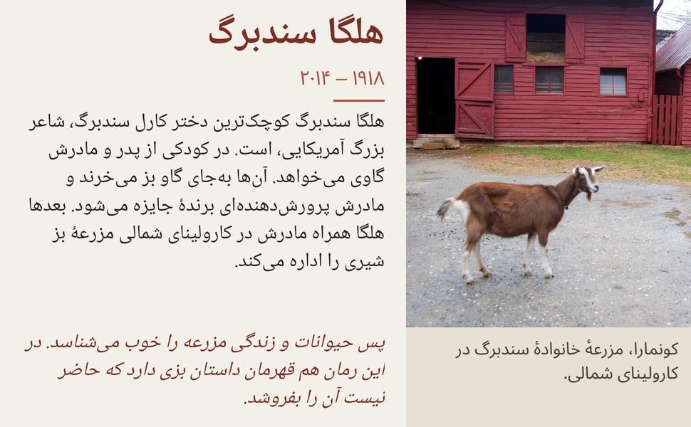 هلگا سندبرگ. هلگا سندبرگ کوچکترین دختر کارل سندبرگ، شاعر بزرگ آمریکایی، است. در کودکی از پدر و مادرش گاوی میخواهد. آنها بهجای گاو بز میخرند و مادرش پرورشدهندهای برندهٔ جایزه میشود. بعدها هلگا همراه مادرش در…