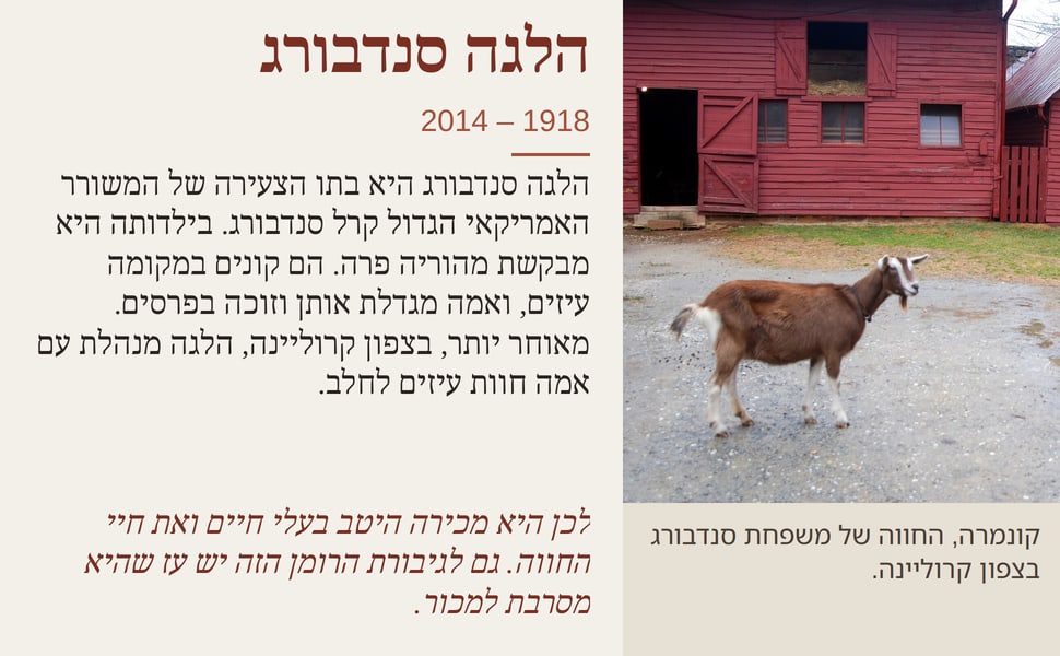 הלגה סנדבורג. הלגה סנדבורג היא בתו הצעירה של המשורר האמריקאי הגדול קרל סנדבורג. בילדותה היא מבקשת מהוריה פרה. הם קונים במקומה עיזים, ואמה מגדלת אותן וזוכה בפרסים. מאוחר יותר, בצפון קרוליינה, הלגה מנהלת עם אמה חוות…