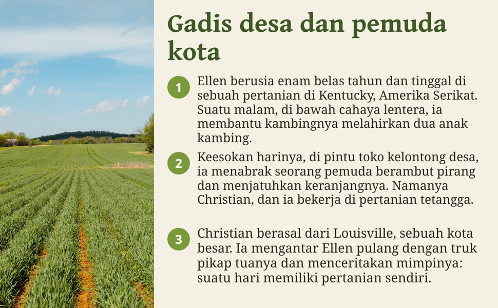 Gadis desa dan pemuda kota. Ellen berusia enam belas tahun dan tinggal di sebuah pertanian di Kentucky, Amerika Serikat. Suatu malam, di bawah cahaya lentera, ia membantu kambingnya melahirkan dua anak kambing.