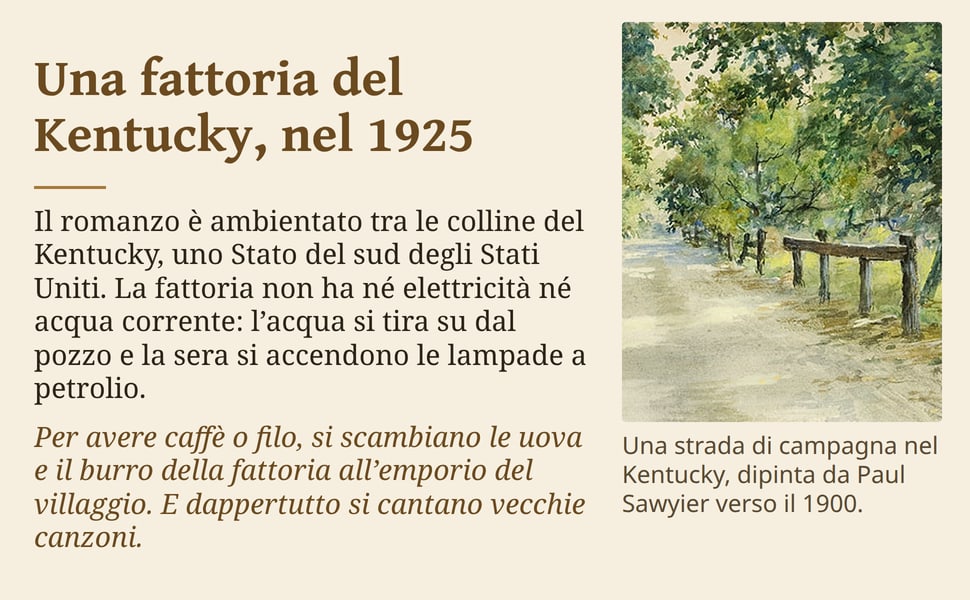 Una fattoria del Kentucky, nel 1925. Il romanzo è ambientato tra le colline del Kentucky, uno Stato del sud degli Stati Uniti. La fattoria non ha né elettricità né acqua corrente: l’acqua si tira su dal pozzo e la sera…