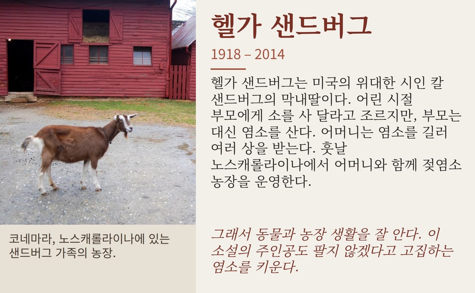 헬가 샌드버그. 헬가 샌드버그는 미국의 위대한 시인 칼 샌드버그의 막내딸이다. 어린 시절 부모에게 소를 사 달라고 조르지만, 부모는 대신 염소를 산다. 어머니는 염소를 길러 여러 상을 받는다. 훗날 노스캐롤라이나에서 어머니와 함께 젖염소 농장을 운영한다.