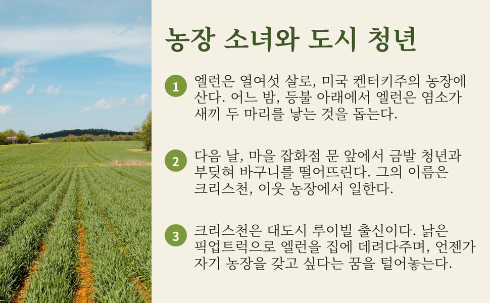 농장 소녀와 도시 청년. 엘런은 열여섯 살로, 미국 켄터키주의 농장에 산다. 어느 밤, 등불 아래에서 엘런은 염소가 새끼 두 마리를 낳는 것을 돕는다.