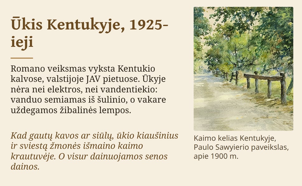 Ūkis Kentukyje, 1925-ieji. Romano veiksmas vyksta Kentukio kalvose, valstijoje JAV pietuose. Ūkyje nėra nei elektros, nei vandentiekio: vanduo semiamas iš šulinio, o vakare uždegamos žibalinės lempos.
