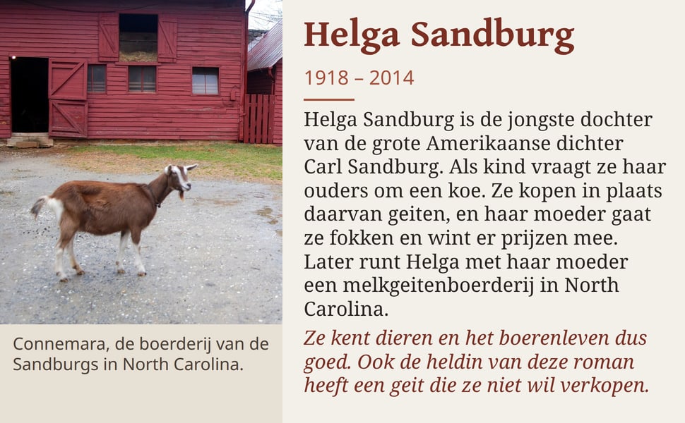 Helga Sandburg. Helga Sandburg is de jongste dochter van de grote Amerikaanse dichter Carl Sandburg. Als kind vraagt ze haar ouders om een koe. Ze kopen in plaats daarvan geiten, en haar moeder gaat ze fokken en wint…