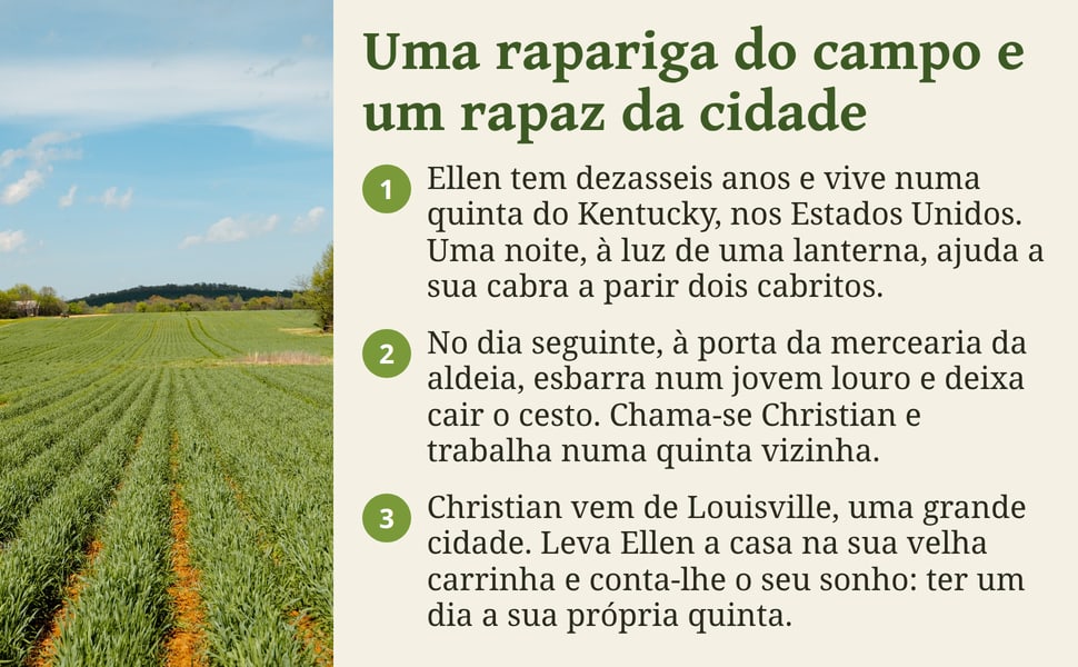 Uma rapariga do campo e um rapaz da cidade. Ellen tem dezasseis anos e vive numa quinta do Kentucky, nos Estados Unidos. Uma noite, à luz de uma lanterna, ajuda a sua cabra a parir dois cabritos.