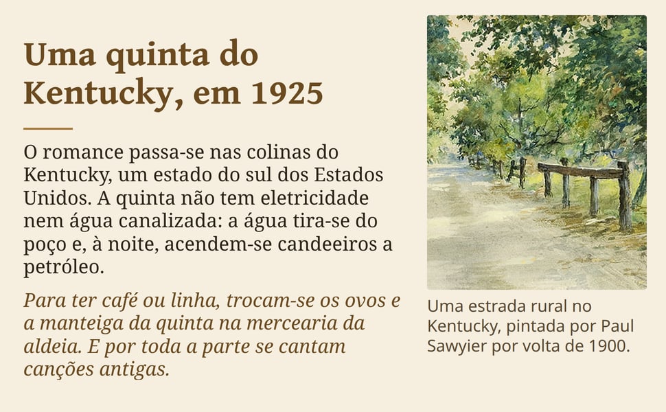 Uma quinta do Kentucky, em 1925. O romance passa-se nas colinas do Kentucky, um estado do sul dos Estados Unidos. A quinta não tem eletricidade nem água canalizada: a água tira-se do poço e, à noite, acendem-se…