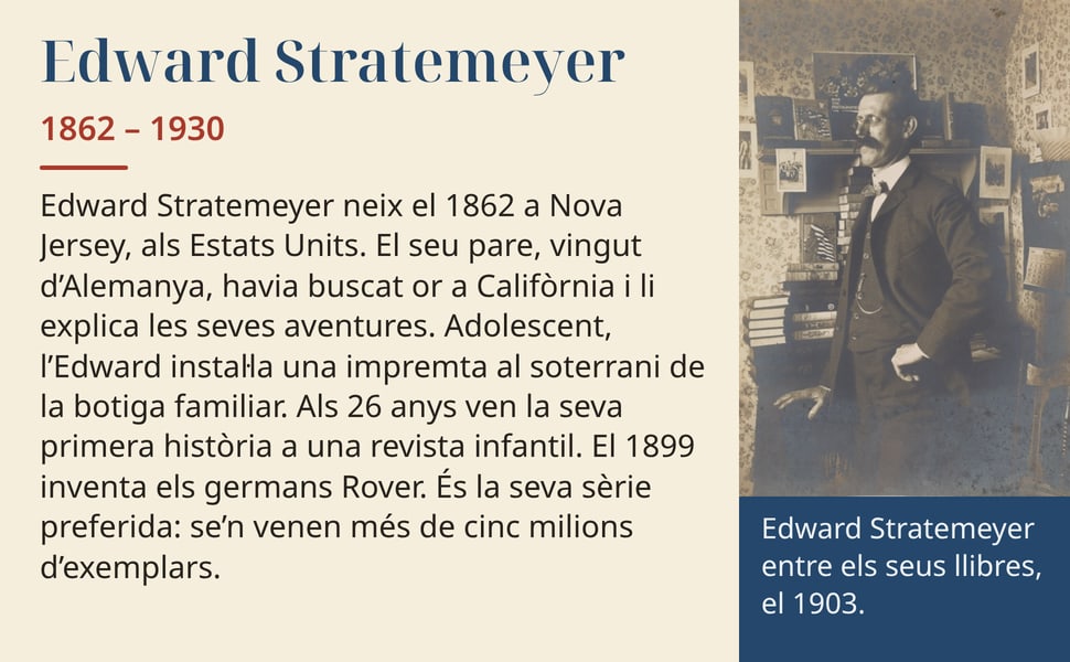 Edward Stratemeyer. Edward Stratemeyer neix el 1862 a Nova Jersey, als Estats Units. El seu pare, vingut d’Alemanya, havia buscat or a Califòrnia i li explica les seves aventures. Adolescent, l’Edward instal·la una…