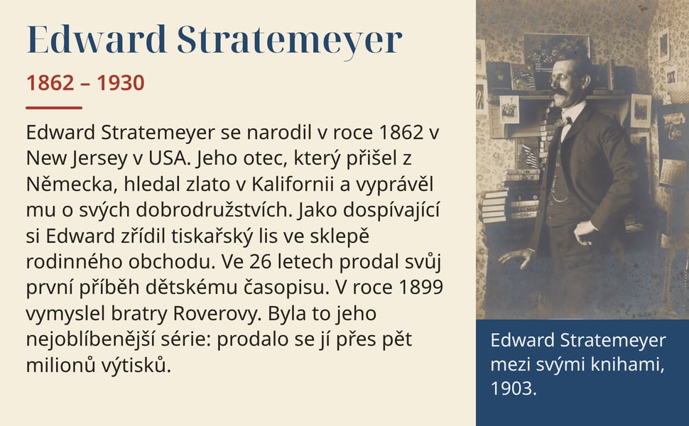 Edward Stratemeyer. Edward Stratemeyer se narodil v roce 1862 v New Jersey v USA. Jeho otec, který přišel z Německa, hledal zlato v Kalifornii a vyprávěl mu o svých dobrodružstvích. Jako dospívající si Edward zřídil…
