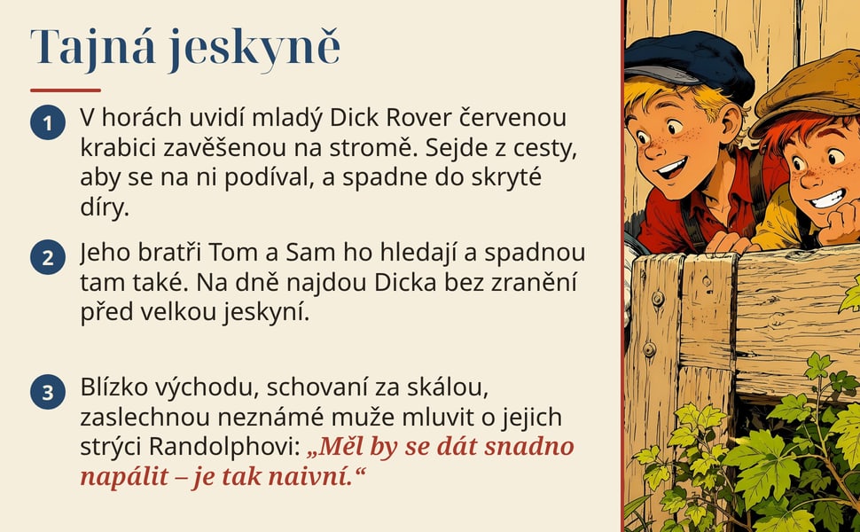 Tajná jeskyně. V horách uvidí mladý Dick Rover červenou krabici zavěšenou na stromě. Sejde z cesty, aby se na ni podíval, a spadne do skryté díry.