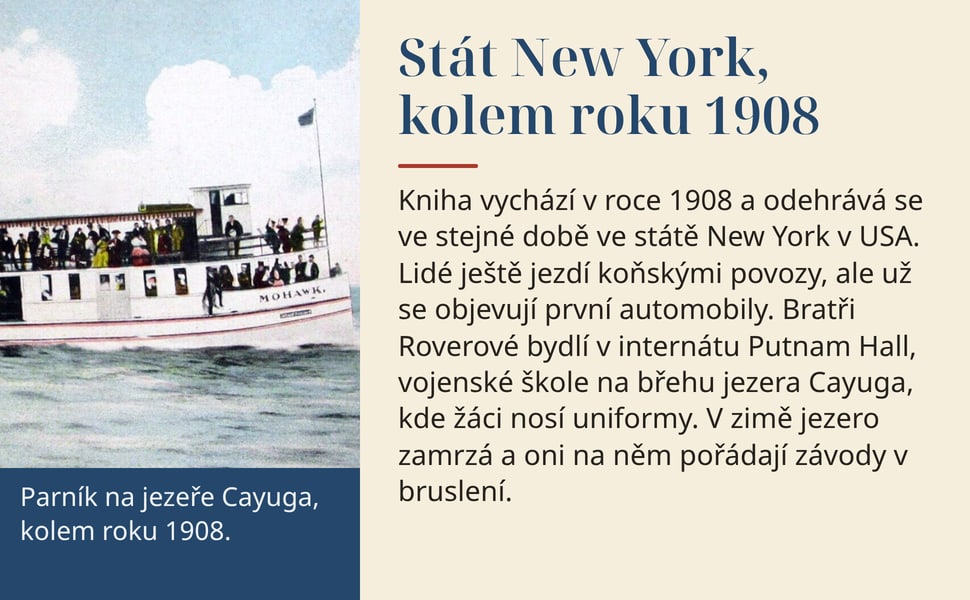 Stát New York, kolem roku 1908. Kniha vychází v roce 1908 a odehrává se ve stejné době ve státě New York v USA. Lidé ještě jezdí koňskými povozy, ale už se objevují první automobily. Bratři Roverové bydlí v internátu…