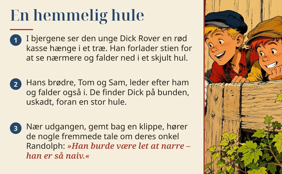 En hemmelig hule. I bjergene ser den unge Dick Rover en rød kasse hænge i et træ. Han forlader stien for at se nærmere og falder ned i et skjult hul.
