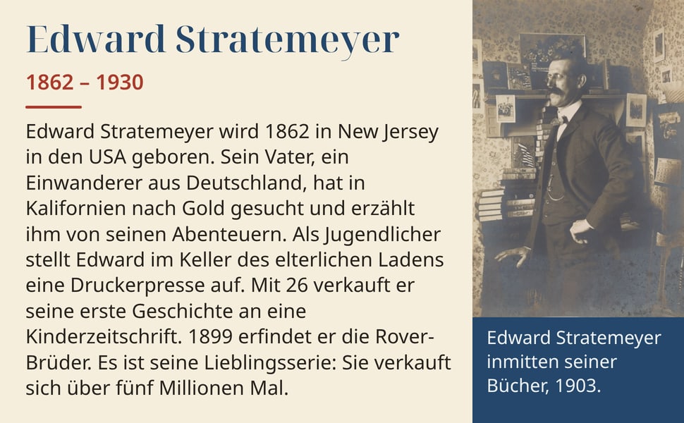 Edward Stratemeyer. Edward Stratemeyer wird 1862 in New Jersey in den USA geboren. Sein Vater, ein Einwanderer aus Deutschland, hat in Kalifornien nach Gold gesucht und erzählt ihm von seinen Abenteuern. Als…
