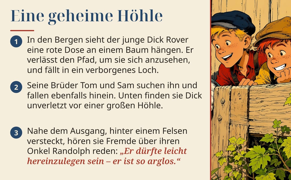 Eine geheime Höhle. In den Bergen sieht der junge Dick Rover eine rote Dose an einem Baum hängen. Er verlässt den Pfad, um sie sich anzusehen, und fällt in ein verborgenes Loch.