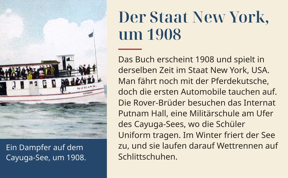 Der Staat New York, um 1908. Das Buch erscheint 1908 und spielt in derselben Zeit im Staat New York, USA. Man fährt noch mit der Pferdekutsche, doch die ersten Automobile tauchen auf. Die Rover-Brüder besuchen das…