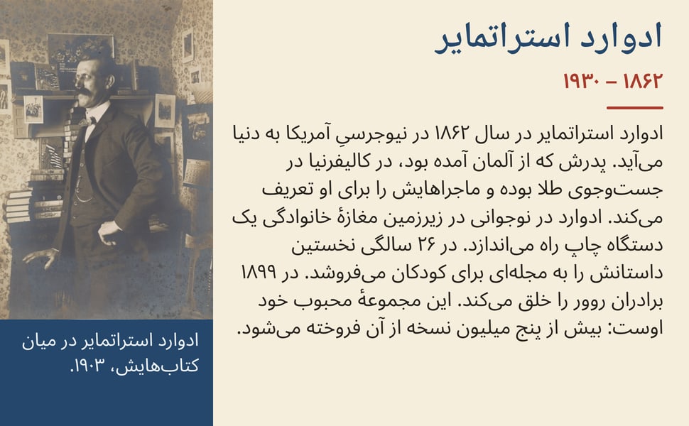 ادوارد استراتمایر. ادوارد استراتمایر در سال ۱۸۶۲ در نیوجرسیِ آمریکا به دنیا می‌آید. پدرش که از آلمان آمده بود، در کالیفرنیا در جست‌وجوی طلا بوده و ماجراهایش را برای او تعریف می‌کند. ادوارد در نوجوانی در زیرزمین مغازهٔ…