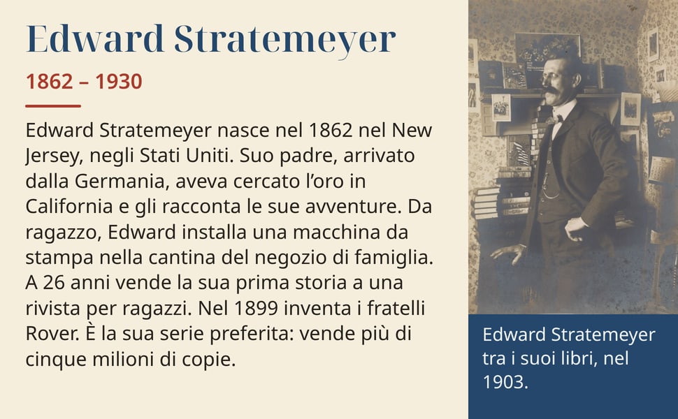 Edward Stratemeyer. Edward Stratemeyer nasce nel 1862 nel New Jersey, negli Stati Uniti. Suo padre, arrivato dalla Germania, aveva cercato l’oro in California e gli racconta le sue avventure. Da ragazzo, Edward…
