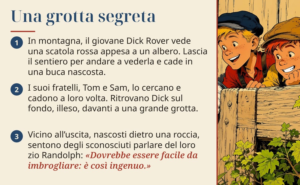Una grotta segreta. In montagna, il giovane Dick Rover vede una scatola rossa appesa a un albero. Lascia il sentiero per andare a vederla e cade in una buca nascosta.