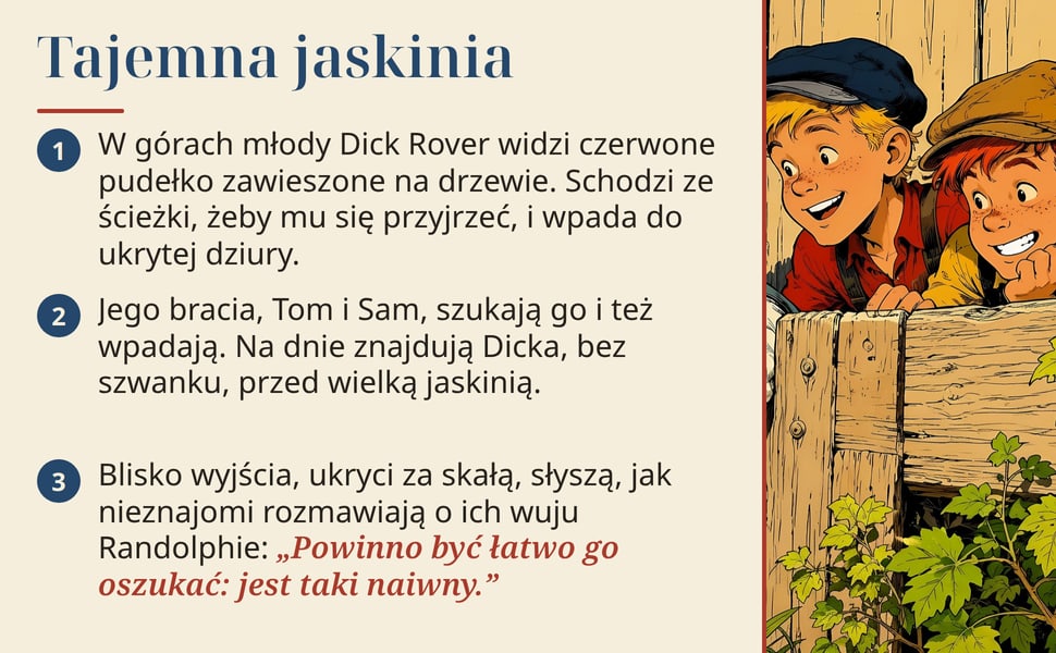 Tajemna jaskinia. W górach młody Dick Rover widzi czerwone pudełko zawieszone na drzewie. Schodzi ze ścieżki, żeby mu się przyjrzeć, i wpada do ukrytej dziury.