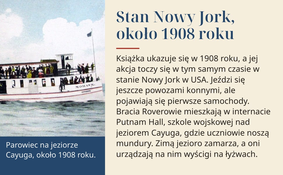 Stan Nowy Jork, około 1908 roku. Książka ukazuje się w 1908 roku, a jej akcja toczy się w tym samym czasie w stanie Nowy Jork w USA. Jeździ się jeszcze powozami konnymi, ale pojawiają się pierwsze samochody. Bracia…