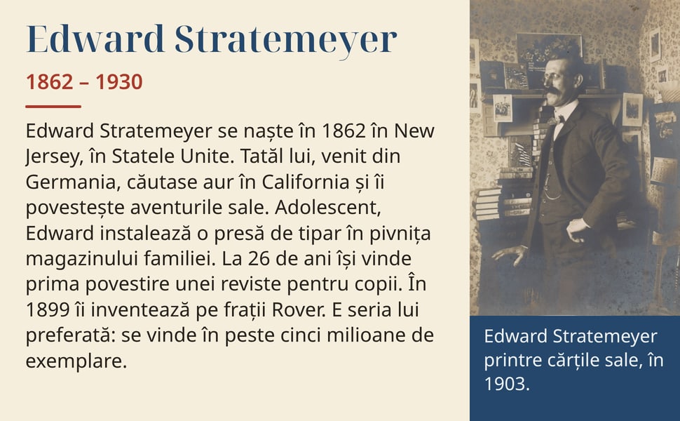 Edward Stratemeyer. Edward Stratemeyer se naște în 1862 în New Jersey, în Statele Unite. Tatăl lui, venit din Germania, căutase aur în California și îi povestește aventurile sale. Adolescent, Edward instalează o presă…