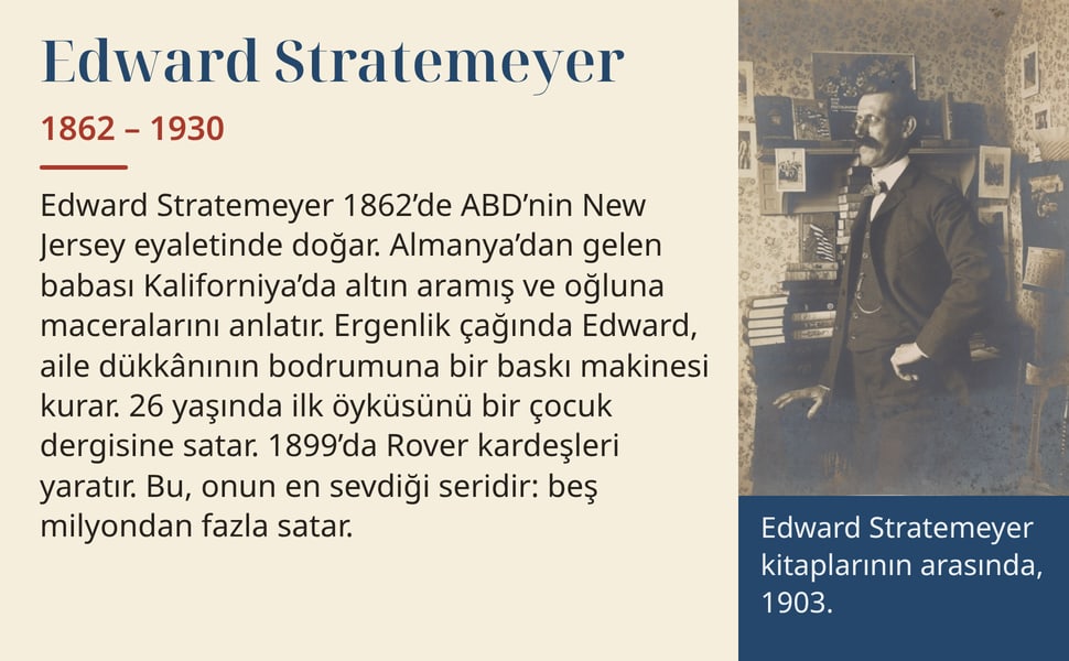Edward Stratemeyer. Edward Stratemeyer 1862’de ABD’nin New Jersey eyaletinde doğar. Almanya’dan gelen babası Kaliforniya’da altın aramış ve oğluna maceralarını anlatır. Ergenlik çağında Edward, aile dükkânının…