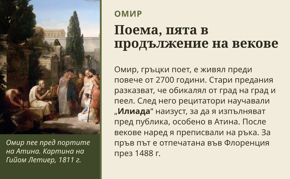 Поема, пята в продължение на векове. Омир, гръцки поет, е живял преди повече от 2700 години. Стари предания разказват, че обикалял от град на град и пеел. След него рецитатори научавали „Илиада“ наизуст, за да я…