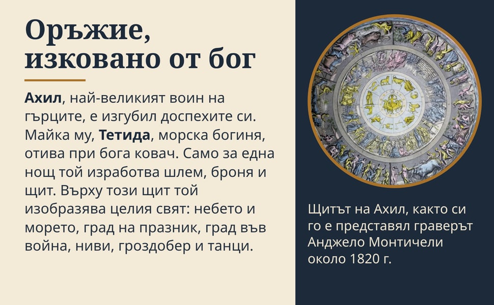 Оръжие, изковано от бог. Ахил, най-великият воин на гърците, е изгубил доспехите си. Майка му, Тетида, морска богиня, отива при бога ковач. Само за една нощ той изработва шлем, броня и щит. Върху този щит той…