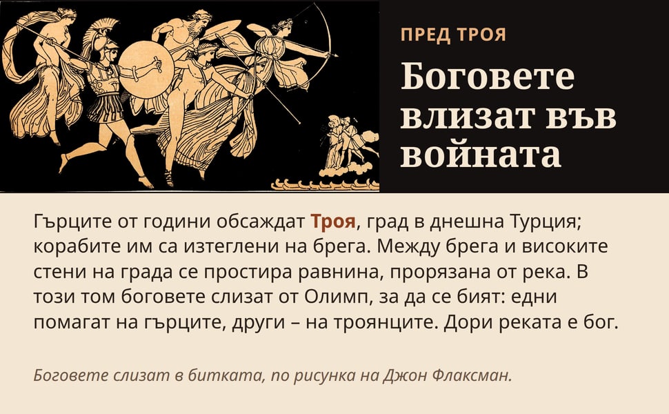 Боговете влизат във войната. Гърците от години обсаждат Троя, град в днешна Турция; корабите им са изтеглени на брега. Между брега и високите стени на града се простира равнина, прорязана от река. В този том боговете…