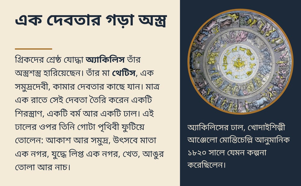 এক দেবতার গড়া অস্ত্র. গ্রিকদের শ্রেষ্ঠ যোদ্ধা অ্যাকিলিস তাঁর অস্ত্রশস্ত্র হারিয়েছেন। তাঁর মা থেটিস, এক সমুদ্রদেবী, কামার দেবতার কাছে যান। মাত্র এক রাতে সেই দেবতা তৈরি করেন একটি শিরস্ত্রাণ, একটি বর্ম আর একটি ঢাল। এই…