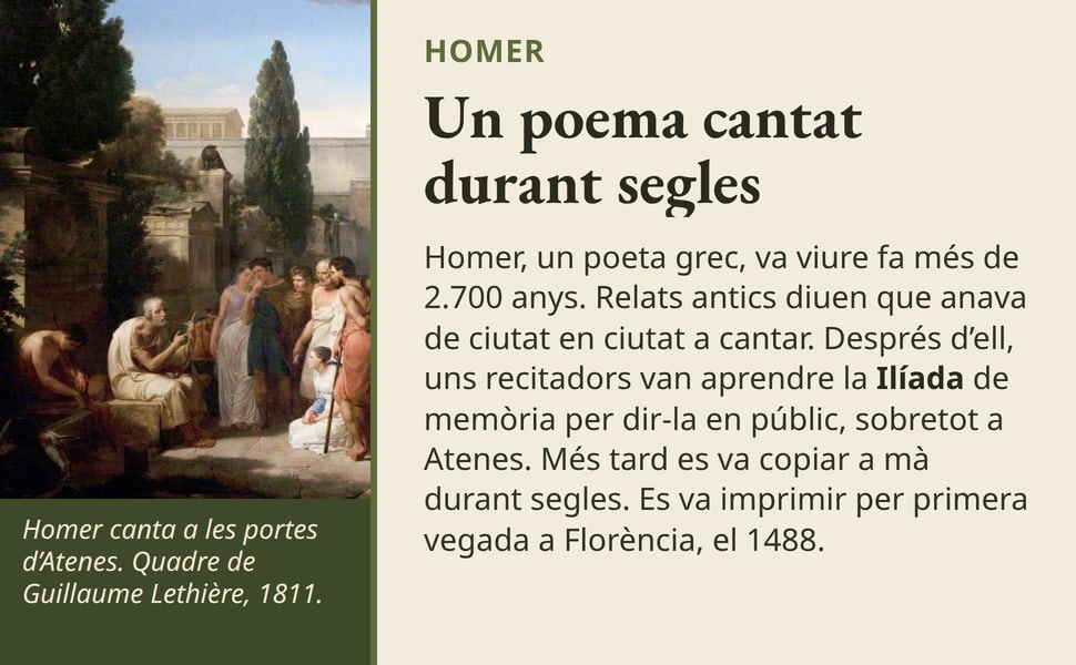 Un poema cantat durant segles. Homer, un poeta grec, va viure fa més de 2.700 anys. Relats antics diuen que anava de ciutat en ciutat a cantar. Després d’ell, uns recitadors van aprendre la Ilíada de memòria per dir-la…