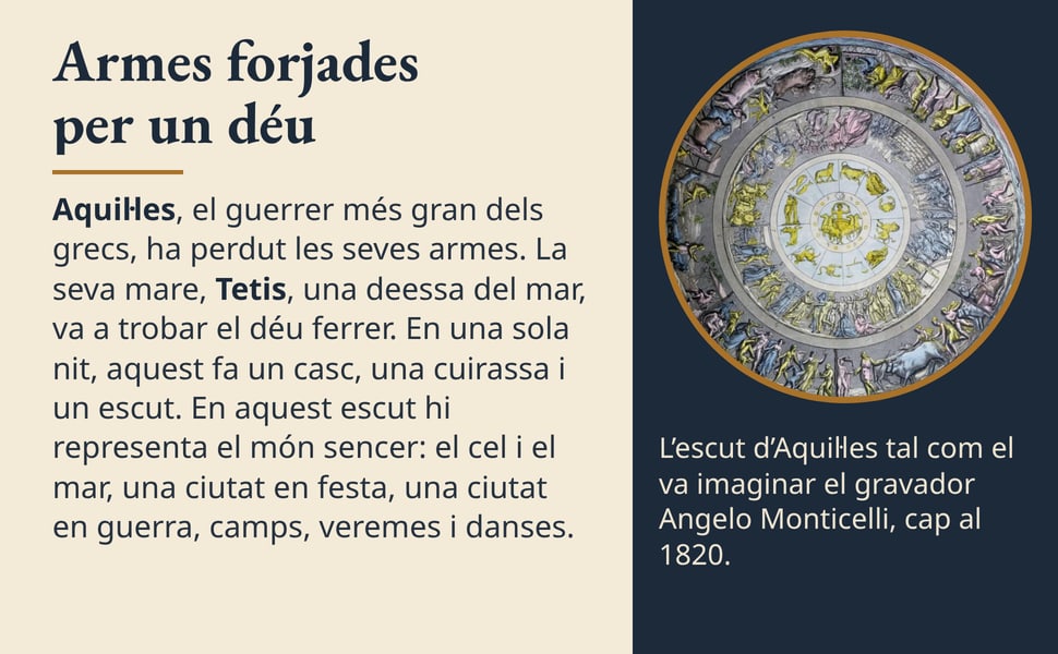 Armes forjades per un déu. Aquil·les, el guerrer més gran dels grecs, ha perdut les seves armes. La seva mare, Tetis, una deessa del mar, va a trobar el déu ferrer. En una sola nit, aquest fa un casc, una cuirassa i un…